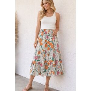 Baely Women's Floral Tiered Maxi Skirt Cream Orange Pink Green Size M